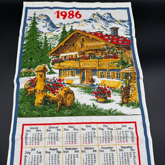 Vintage 1986 Kitchen Calendar Tea Towel Chalet Design German Wall Decor - Picture 2 of 8
